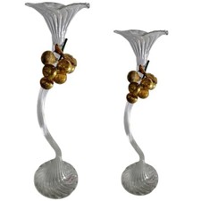 Porta candela candeliere bugia in vetro soffiato set da 2 con uva ambra made in