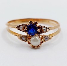 "Anello antico io e te oro rosa 18k pietra blu e perle (circa 1900)