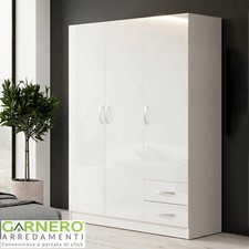 Armadio 3 ante battenti 2 cassetti TROPEA bianco lucido camera moderna 120 cm