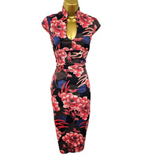 Abito a tubino KAREN MILLEN 12 UK vintage nero rosso raso orientale floreale cocktail