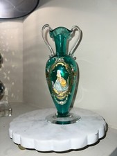 Vaso Veneziano Made In Italy Vetro Smaltato Smeraldo Doppio Manico Con Lady