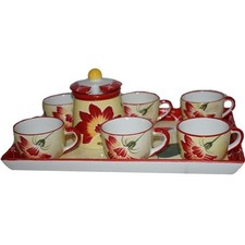 Servizio completo in ceramica set 6 Tazze caffè con vassoio e zuccheriera rosso