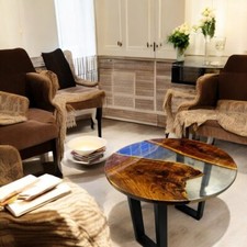 Tavolino da caffè rotondo epossidico trasparente 24" legno acacia noce angolo piano laterale dec