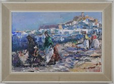 Eivissa, Ibiza, Baleari. Olio espressionista originale di T Munn, datato 1946
