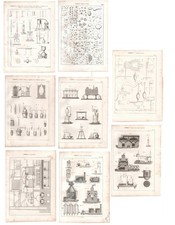 Stampe antiche CHIMICA ALAMBICCHI STRUMENTI 8 fogli Pomba 1860 Antique prints