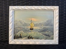 DIPINTO AD OLIO - PAESAGGIO MARINO - STILE IMPRESSIONISTA - CORNICE INTAGLIATA
