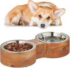 Ciotole Cani, Alzatina Scodelle 1 Litro, Supporto Rialzato Legno, 8X39,5X18 Cm, 