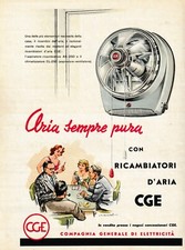 PUBBLICITA' 1955 VENTILATORE CGE APIRATORE  CLIMATIZATORE ARIA FUMO SALA GIOCO