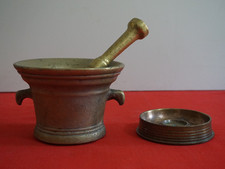 RARO Mortaio antico in Bronzo da Farmacia con Pestello e base 3 PEZZI