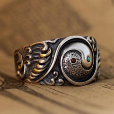 Anello Yin Yang Tai Chi Vintage Regolabile Fascia Aperta Stile Etnico Uomo Gioielli
