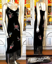 Abito midi slip vintage Betsey Johnson NY anni 90 nero velluto frange floreali taglia M