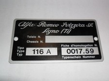 Alfa Romeo Svizzera SA. Agno (TI) targhetta per tipo 116 A