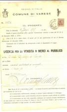 1927 VARESE Licenza a Giuseppe AIMAR per vendita ambulante di acciughe