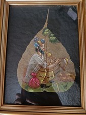 vintage Dipinto a mano su foglia di Pipal con incantatore di serpenti