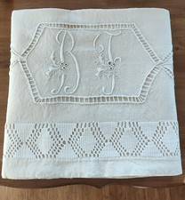 Magnifico Lenzuolo Antico Misto Canapa Ricami Intaglio Iniziali BF Colore Panna