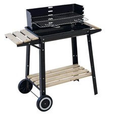 Barbecue Carbonella Portatile 2 Ruote Griglia Barbeque 2 Ripiani in Legno 9754C