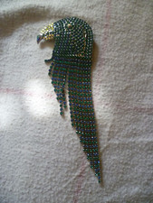 SPILLA CIONDOLO PAPPAGALLO TURCHESE METALLO STRASS VINTAGE 13X4 CM ANNI 80