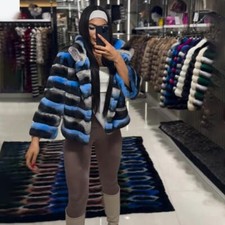 Fashion Women's Chinchilla Jackets Real Rex Rabbit Fur Coat Winter Warm Overcoat