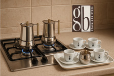 GUIDO BERGNA - SET VINTAGE - MOKA IN ACCIAIO INOX 18/10 - MANICO ORO IN METALLO