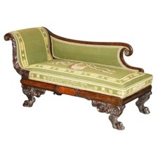 ANTICA CHAISE LONGUE REGENCY RICAMATA IN MOGANO INTAGLIATO A MANO ZAMPA PELOSA DI LEONE