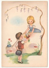 cartolina d'epoca bambini innamorati mazzo fiori di campo glicine