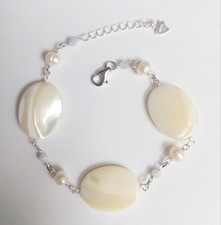 Bracciale in argento 925 con ovali di madreperla acquamarina perle  acqua dolce 