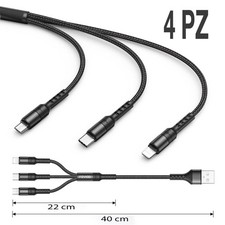 Lotto 4PZ Multi Cavo Di Ricarica, 3 in 1 Multiplo Micro USB Tipo C 40CM - NERO