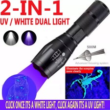 UV Flashlight LED Torch Zoomable Ultra Violet Black White Dual Light Detector