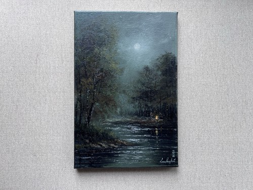 Dipinto olio fiume foresta