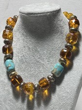 Collana In Ambra Turchese E Argento Vintage 