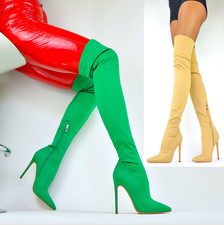 STIVALI SOPRA IL GINOCCHIO SCARPE DA DONNA PARTY ELEGANTI TACCHI A SPILLO SEXY TACCO ALTO VERDE BEIGE