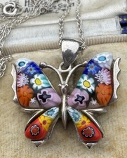 Collana farfalla vetro artistico multicolore argento sterling ALAN K MILLEFIORI