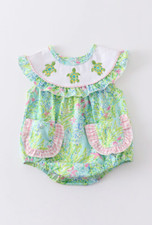 Pagliaccetto a bolle tartaruga marina bambina, orlo con volant primaverile ed estivo ricamato