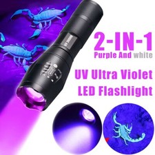 UV Flashlight Zoomable LED Torch Ultra Violet Black White Dual Light Detector