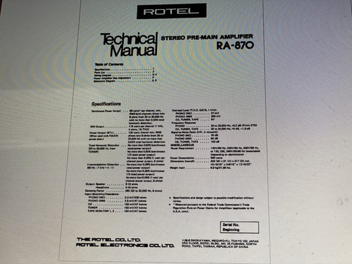 Rotel 870 service manual - rotel, ra-870