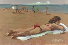 Dipinto Olio su Tavoletta Bagnante a Livorno Giovanni Del Vivo cm. 30 x 20