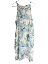 Abito Lungo L'arno 100% Lino Floreale Made In Italy Azzurro Medio