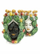 Coppia teste di moro con fichi d'india in ceramica di Caltagirone 20 cm
