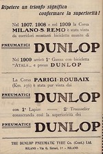 PUBBLICITA' 1909 GOMME DUNLOP CORSA BICI MILANO SANREMO GANNA PARIGI ROUBAIX 
