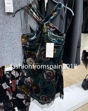 ZARA NUOVO ABITO DONNA CORTO FERRETTO FLOREALE FRANGE VELLUTO VERDE SCURO 5063/884/529