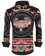 Uomo Premiere Pulsante Manica Lunga Giù Camicia Seta Nero Oro Leone Coppa 620N