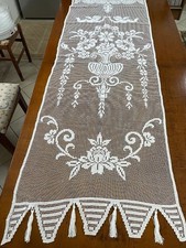 TENDINA VINTAGE FILET MODANO cm. 58 x 175 ca  IN COTONE BIANCO FATTA  A MANO 