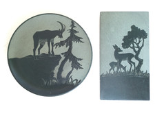 2 placche pietra ollare vintage incise scolpite a mano monti stambecco cerbiatti