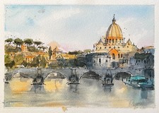 Acquerello originale di Ponte Sant'Angelo e Basilica di San Pietro, Roma, Italia.