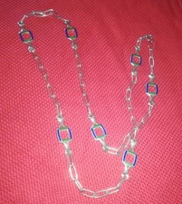 Lunga RARA Collana Vintage Anni 70 argento 925 Smalti Blu E Verdi. Ottimo Stato 