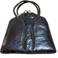 Borsa a secchiello vintage in pelle di coccodrillo marrone splendida chiusura unica vecchi soldi