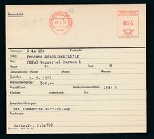 S1758) Francotipo AFS cartolina anagrafica 1951 Wuppertal-Barmen (fabbrica di macchine Frobana)