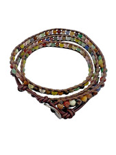 925 Autentico Chan Luu ~Bracciale Semi Preziose Perline/Cuoio Marrone~3 Avvolgimenti~22"