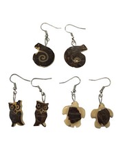 3 PAIA ORECCHINI PENDENTI IN COCCO CIVETTA TARTARUGA CHIOCCIOLA CM 2,5