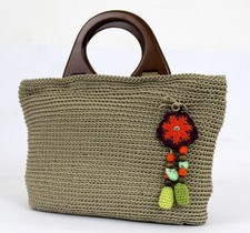 Borsa Beige Fatta a Mano all'Uncinetto Foderata Cerniera Tasca Interna